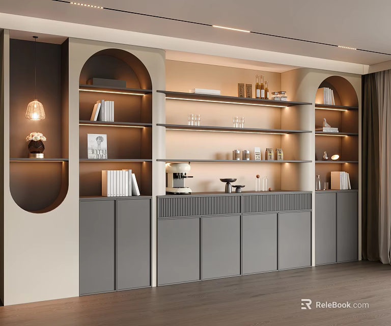 Modern Sideboard With Open Shelves Closed Cabinets Warm Lighting Books And Coffee Machine 3d model 