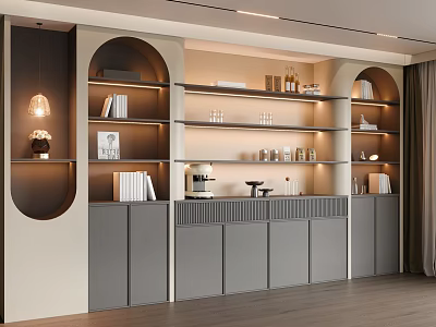 Modern Sideboard With Open Shelves Closed Cabinets Warm Lighting Books And Coffee Machine 3d model