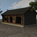 Traditional Chinese Ancient Architecture Featuring Black Tiled Roof Wooden Structure Stone Paved Ground And Trees