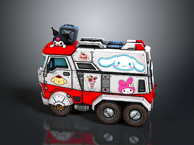 Cartoon Toy Truck With Red White Body Cute Bunny Characters And Roof Equipment 3d model