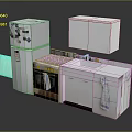 White Refrigerator With Stickers In Small Kitchen Setup With Stove Sink And Cabinets