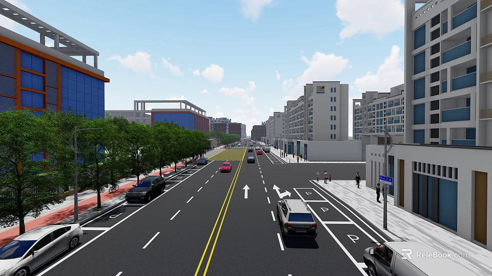 Urban Road Infrastructure With Lane Markings Directional Arrows Trees And Buildings 3d model 
