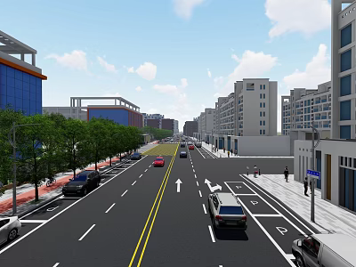 Urban Road Infrastructure With Lane Markings Directional Arrows Trees And Buildings 3d model