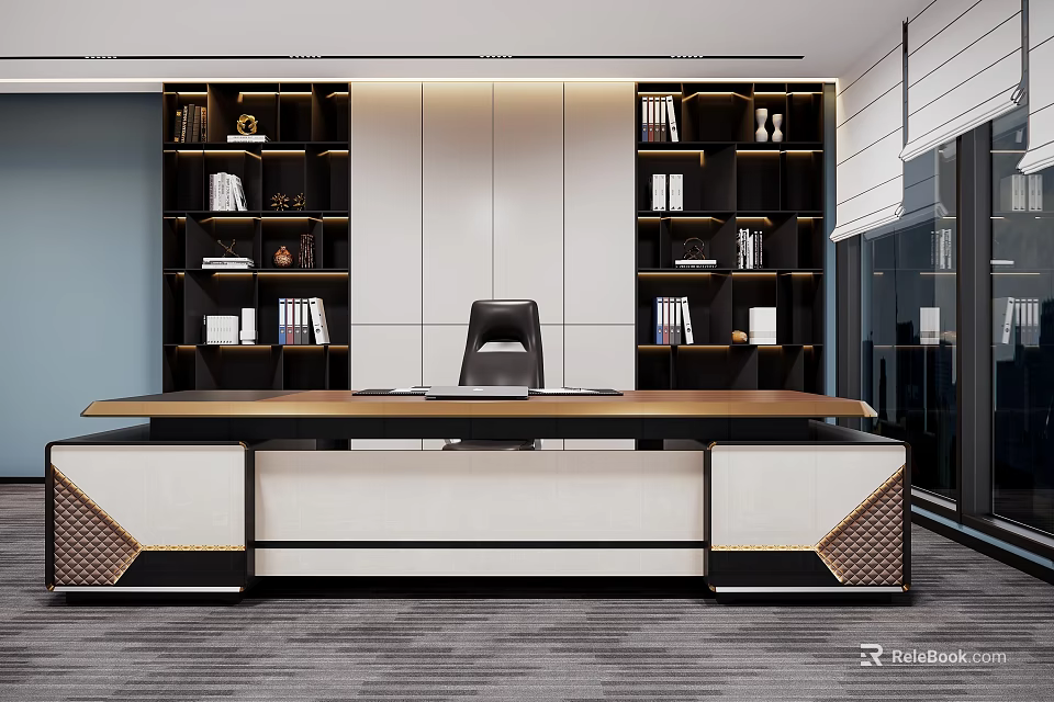 Modern Office Desk With Black Chair Spacious Desktop And Bookshelves With Books Decorations 3d model 