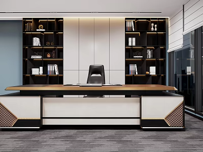 Modern Office Desk With Black Chair Spacious Desktop And Bookshelves With Books Decorations 3d model