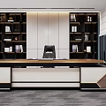 Modern Office Desk With Black Chair Spacious Desktop And Bookshelves With Books Decorations