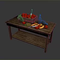 Assorted Fresh Fruits In Basket On Wooden Table With Wine Bottle