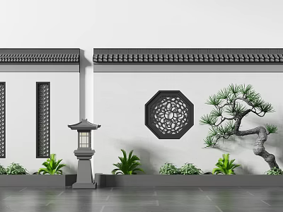 Traditional Chinese Garden Wall Featuring Tile Roof Lattice Window Stone Lantern And Pine Tree 3d model