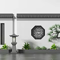 Traditional Chinese Garden Wall Featuring Tile Roof Lattice Window Stone Lantern And Pine Tree