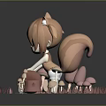 Fox Eared Cartoon Girl Sitting on Grassy Platform with Mushrooms and Tree Stumps