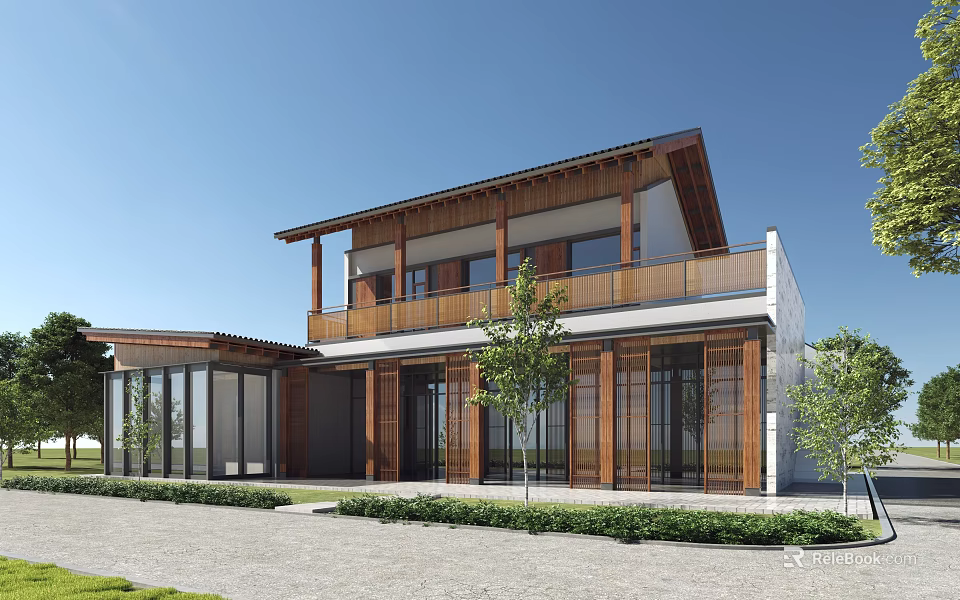 Modern Rural Self-built House With Wooden Balcony Large Glass Windows And Garden Greenery 3d model 