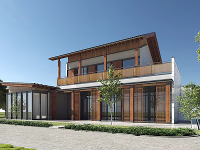 Modern Rural Self-built House With Wooden Balcony Large Glass Windows And Garden Greenery 3d model