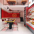 Stylish Two Level Restaurant Interior With Pink Walls Red Chairs Checkered Tiles And Hanging Lights