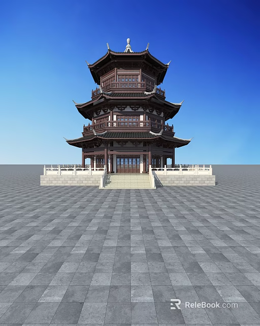 Traditional Chinese Pagoda with Multiple Wooden Floors Curved Eaves and Stone Platform Under Blue Sky 3d model 