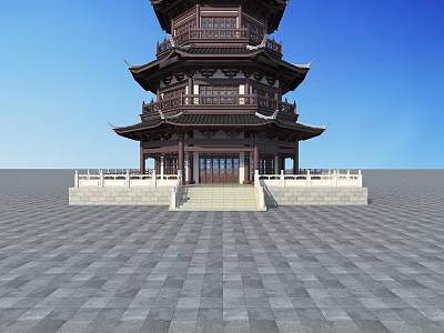 Traditional Chinese Pagoda with Multiple Wooden Floors Curved Eaves and Stone Platform Under Blue Sky 3d model
