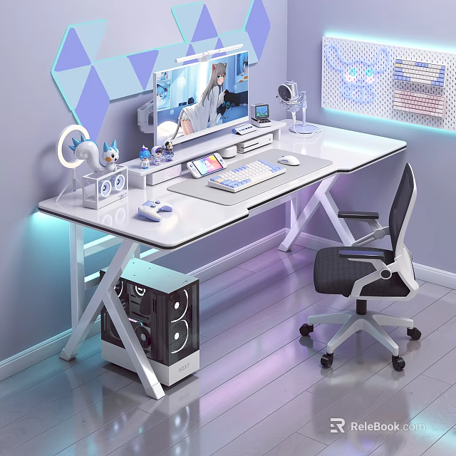 Modern Gaming Desk with RGB Lighting Monitor Keyboard Mouse and Speakers Ergonomic Chair 3d model 