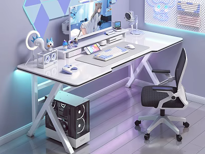 Modern Gaming Desk with RGB Lighting Monitor Keyboard Mouse and Speakers Ergonomic Chair 3d model