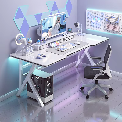 Modern Gaming Desk with RGB Lighting Monitor Keyboard Mouse and Speakers Ergonomic Chair 3d model