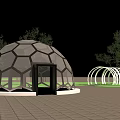 Geodesic Dome Structure With Hexagonal Design And Curved White Landscape Elements At Night 3d model