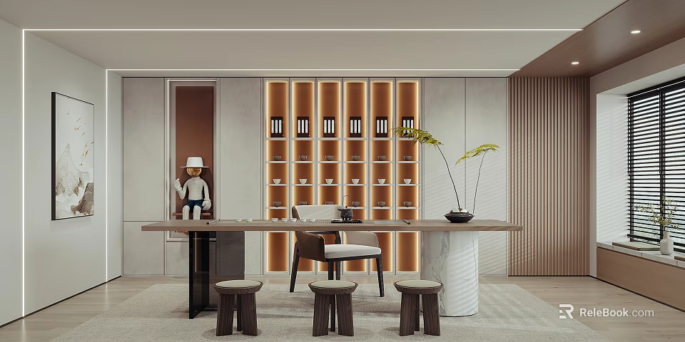 Modern Tea Room Interior With Long Table Stools And Display Shelves 3d model