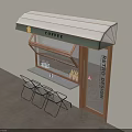 White and Green Awning for Cafe Entrance with Folding Chairs and Display Shelf