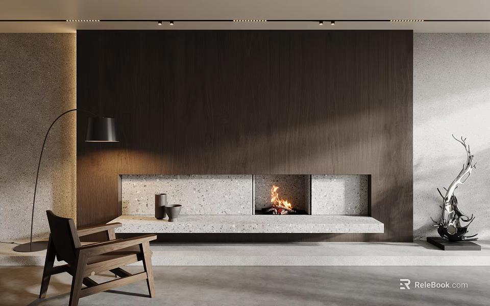 Modern Living Room With Stylish Fireplace Wood Wall And Chair 3d model 