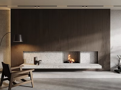 Modern Living Room With Stylish Fireplace Wood Wall And Chair 3d model