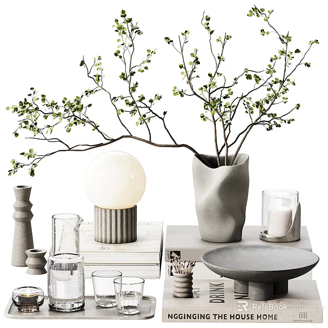 Modern Decorative Ornament Set Featuring Gray Vase Green Branch White Spherical Lamp And Gray Plate 3d model 