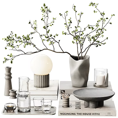 Modern Decorative Ornament Set Featuring Gray Vase Green Branch White Spherical Lamp And Gray Plate 3d model
