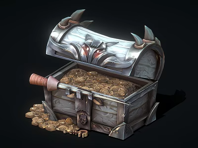 Open Decorative Storage Chest Filled With Gold Coins Metal Accents And Wooden Key 3d model