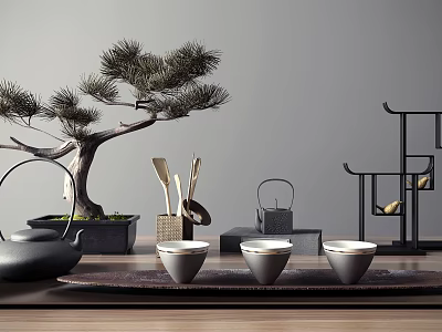 Traditional Tea Set Featuring Black Teapot Three Teacups Tea Scoops on Wooden Table Potted Pine 3d model