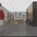 Elegant Cultural Center Interior With Wooden Bookshelves Display Cabinets And Traditional Artworks