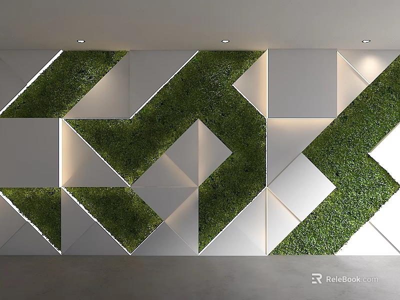 Modern Feature Wall With Green Plant Sections And White Geometric Patterns 3d model