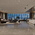 Modern Front Desk Reception Area With Marble Counter Sofa And Indoor Plants