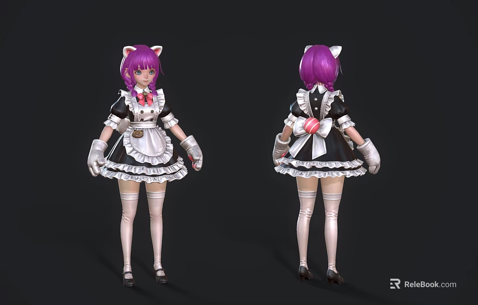 Game And Movie Character With Purple Hair Cat Ears Maid Outfit White Gloves Black Shoes 3d model 