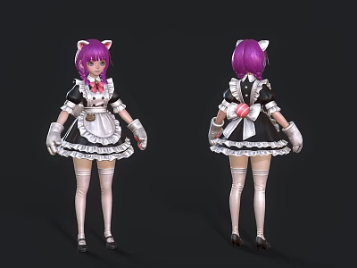Game And Movie Character With Purple Hair Cat Ears Maid Outfit White Gloves Black Shoes 3d model