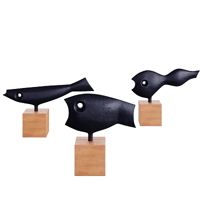 Stylish Modern Black Fish Shaped Decorative Ornament Set On Wooden Bases 3d model