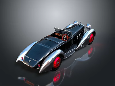 Vintage Convertible Car With Red Wheels Black Body And Open Top Design 3d model