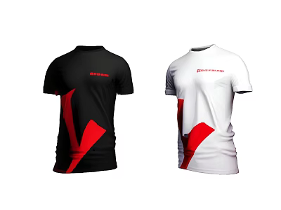 Black And White T Shirts With Red V Shaped Design And Damenace Logo 3d model