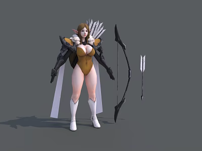 Fantasy Elven Game and Movie Character with Brown Bodysuit Black Shoulder Armor Longbow and Arrows 3d model