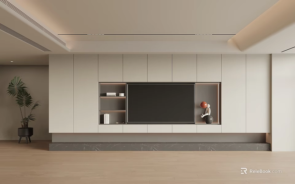 Modern TV Cabinet Design With Built in TV Open Shelves And Neutral Tones 3d model 