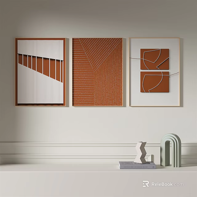 Modern Brown White Wall Art With Geometric Patterns And Shelf Decor 3d model