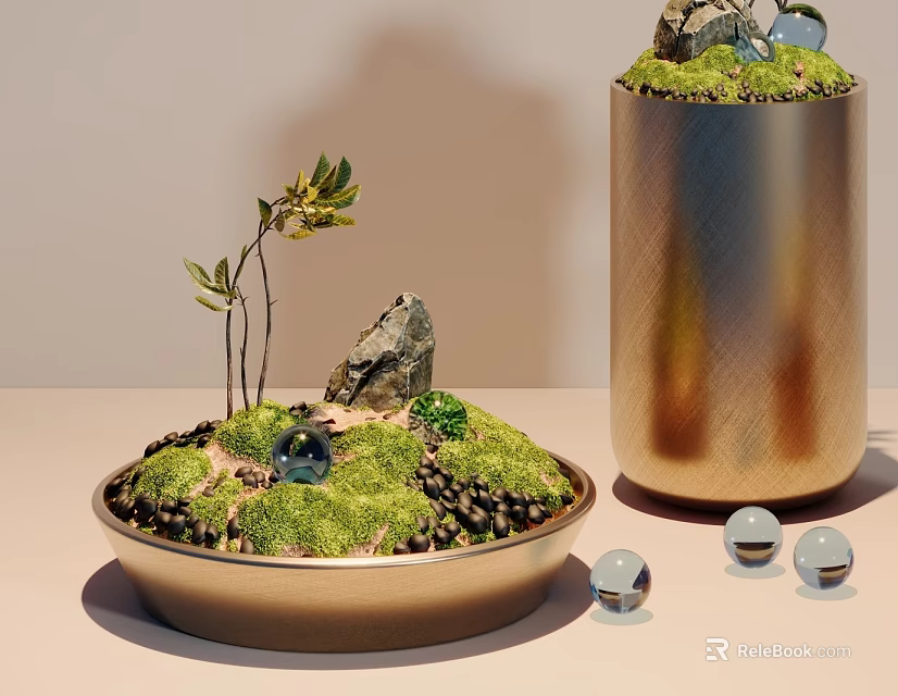 Bonsai Potted Plants with Round Cylindrical Pots Small Foliage Rocks Moss and Transparent Glass Balls 3d model 