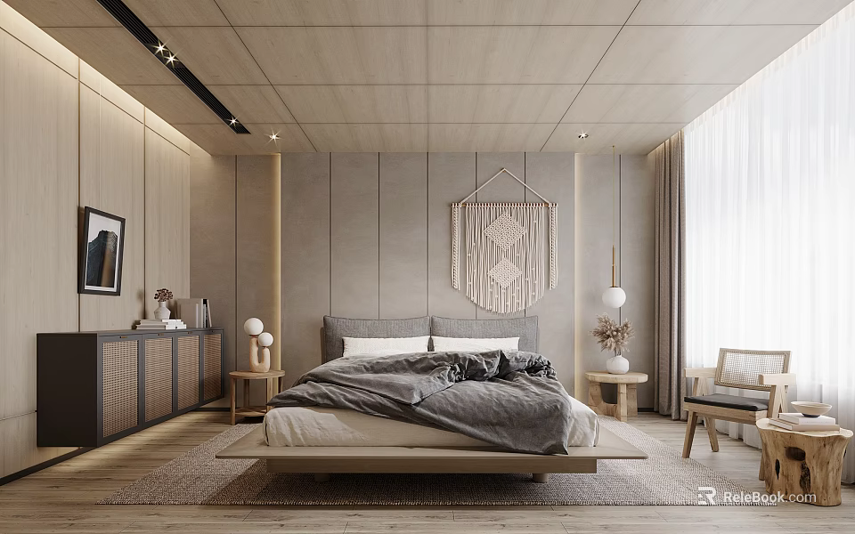 Modern Minimalist Bedroom Interior With Platform Bed Wooden Accents And Macramé Wall Hanging 3d model 