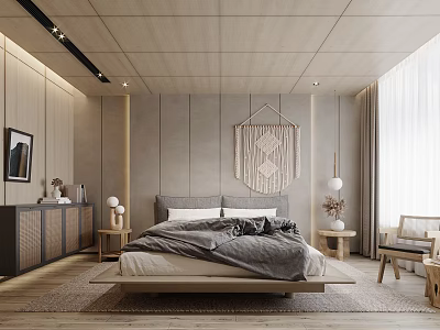 Modern Minimalist Bedroom Interior With Platform Bed Wooden Accents And Macramé Wall Hanging 3d model