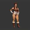 Woman In Brown And White Stylish Costume With Fur Trimmed Boots And Curly Red Hair
