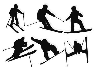 Group of People Skiing in Various Action Poses on Snow Slopes 3d model