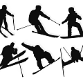 Group of People Skiing in Various Action Poses on Snow Slopes