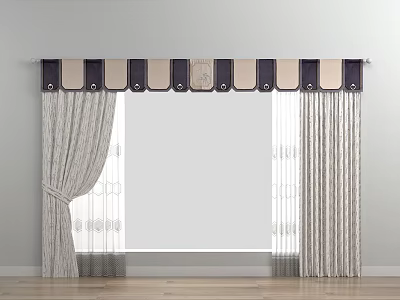 Elegant Double Layer Curtains with Valance Light Grey Striped Sheer Panels Home Decor 3d model