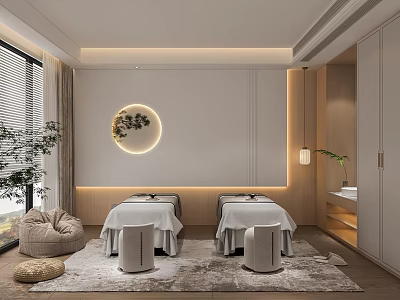 Modern Spa Room Interior With Two Massage Beds White Linens And Wooden Elements 3d model